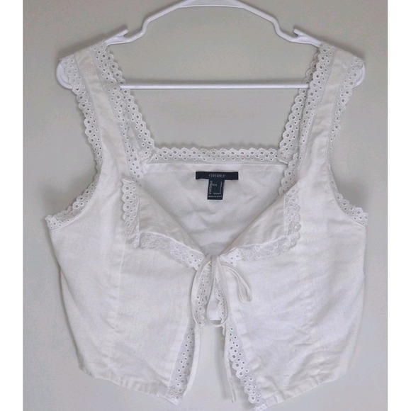 Forever 21 Tops - FOREVER 21 White Eyelet Tie Front Tank Top L Boho Cottagecore Broderie Anglaise
